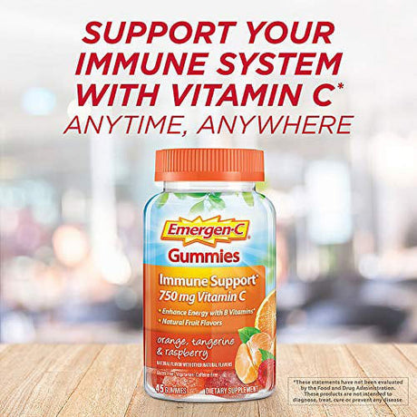 Emergen-C 750Mg Vitamin C Gummies for Adults, Immunity Gummies with B Vitamins, Gluten Free, Orange, Tangerine and Raspberry Flavors - 45 Count