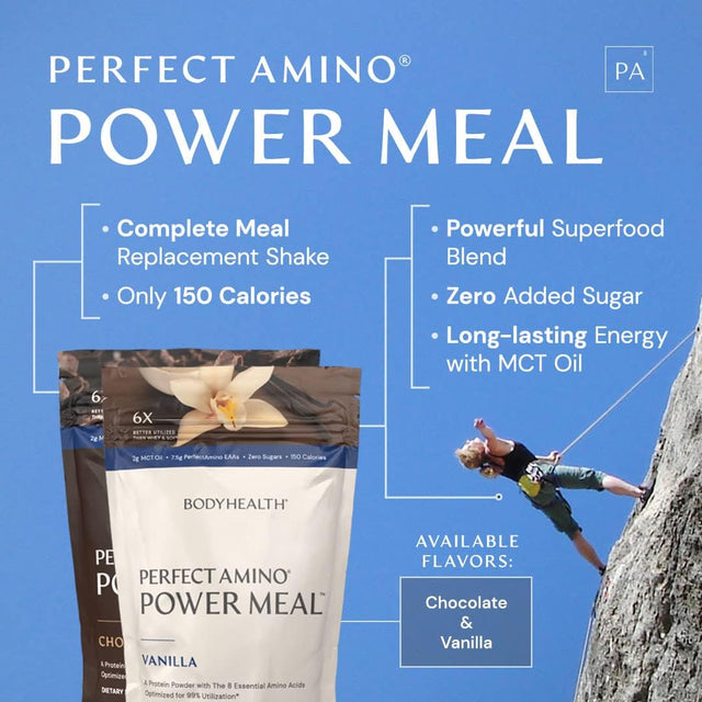 Bodyhealth Perfectamino Power Meal (Natural Vanilla Flavor) Vegan Meal Replacement Shake, Non Dairy Protein Powder, Plant Based Meal Replacement, Organic Meal Replacement, 20 Servings, 12.5G Protein