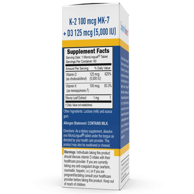 Superior Source K2 (MK-7) 100 Mcg with Vitamin D3 (5000 IU) Instant Dissolve Tablets 60 Count Dietary Supplement