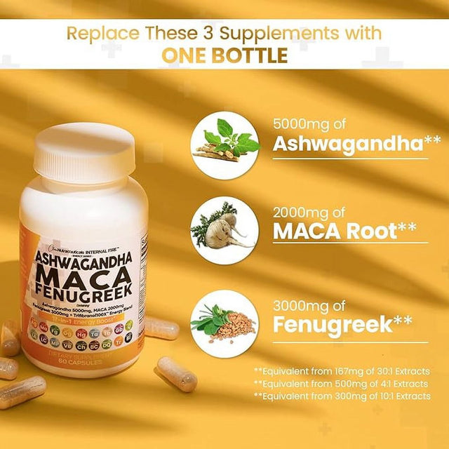 Ashwagandha 5000Mg Maca Root 2000Mg Fenugreek 3000Mg Supplement with Tongkat Ali Ginseng - Assists Stress, Mood & Thyroid Health Capsules Pills Caps USA 60 Count