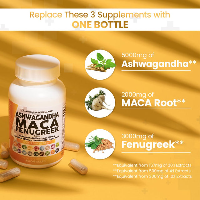 Ashwagandha 5000Mg Maca Root 2000Mg Fenugreek 3000Mg Supplement with Tongkat Ali Ginseng - Assists Stress, Mood & Thyroid Health Capsules Pills Caps USA 60 Count