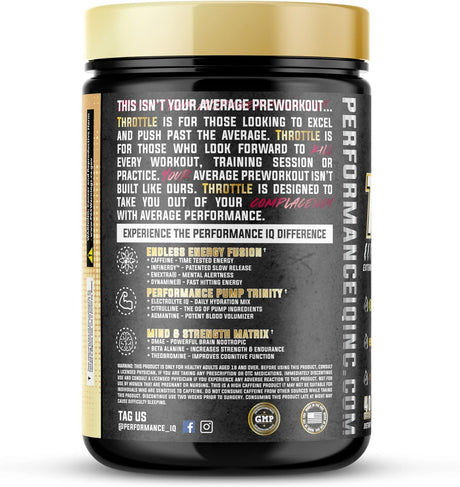 Throttle Pre Workout - Endless Energy - Extreme Focus - Long Lasting Pumps · Strength & Endurance · Dynamine® · Infinergy™ · Enxtra® ·Citrulline · Beta Alanine · DMAE · Caffeine Strong Island Iced Tea