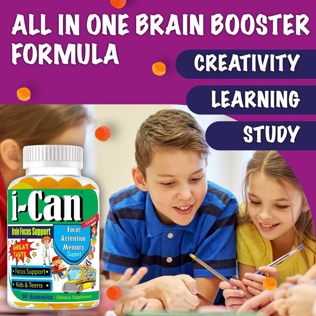 I-Can Brain Focus Supplements for Kids & Teens, Memory Booster Brain Vitamins with Omega 3 6 9, EPA DHA- 60 Gummy Vitamins