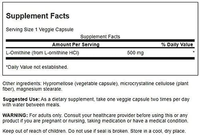 Swanson L-Ornithine Amino Acid 500 Milligrams 60 Veg Capsules (2 Pack)