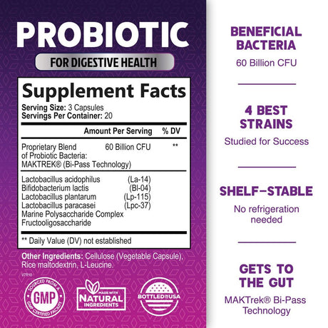 Probiotics, 60 Billion CFU per Serving, Probiotic with Prebiotics for Digestive & Immune Health Support for Women & Men - Nature'S Supplement Is Shelf Stable, Soy, Dairy & Gluten Free - 60 Capsules