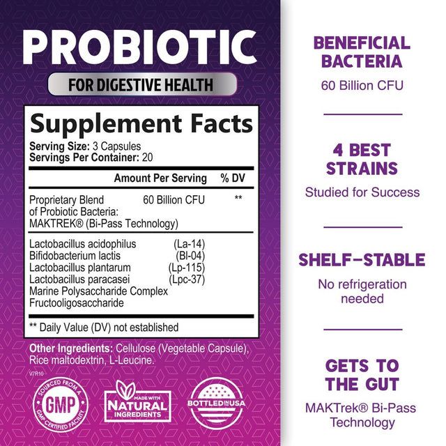 Probiotics, 60 Billion CFU per Serving, Probiotic with Prebiotics for Digestive & Immune Health Support for Women & Men - Nature'S Supplement Is Shelf Stable, Soy, Dairy & Gluten Free - 60 Capsules