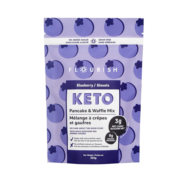 Flourish - Keto Pancake & Waffle Mix, Low Carb, Gluten-Free, High Protein & Fiber, Chia and Flax Seed, No Added Sugar, All-Natural Ingredients - Blueberry, 10Oz