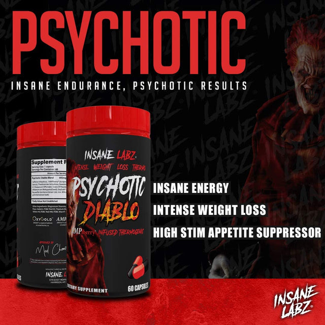 Insane Labz Psychotic Diablo Thermogenic Fat Burner for Men and Women with Grains of Paradise Theobromine Dandelion Root Extract Fueled by Ampiberry, Appetite Suppressant - 60 Servings