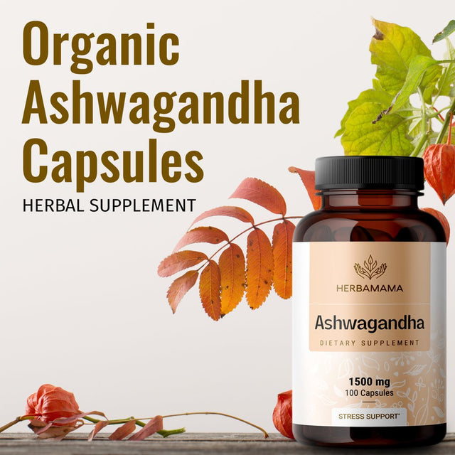 HERBAMAMA Ashwagandha Root Powder Capsules for Energy, Mood and Stress Support, 100 Ct