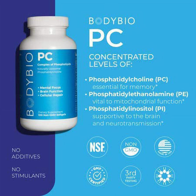 Bodybio - PC Phosphatidylcholine + Phospholipids - Liposomal for High Absorption - Optimal Brain & Cell Health - Boost Memory, Cognition, Focus & Clarity - 100% Non-Gmo - 60 Softgels