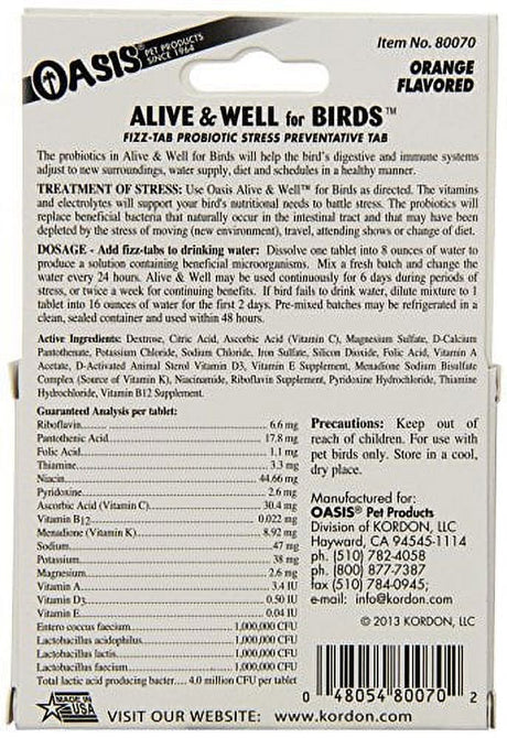 OASIS #80070 Alive and Well, Stress Preventative & Pro-Biotic Tablets for Birds