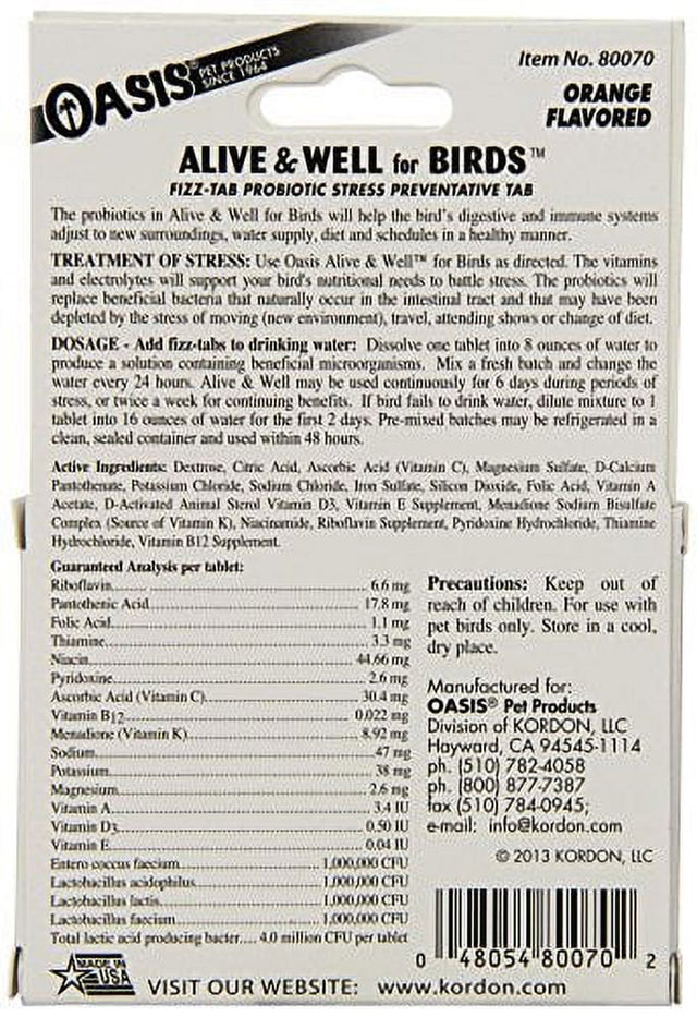 OASIS #80070 Alive and Well, Stress Preventative & Pro-Biotic Tablets for Birds