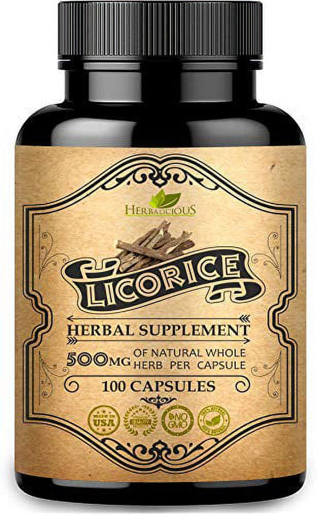 HERBALICIOUS Licorice Root Capsules - Pure Organic Glycyrrhiza Glabra Extract Supplement for Digestion, Respiratory Health, Adrenal Fatigue & Immunity Support - Natural Anti-Aging Benefits - 100 Count