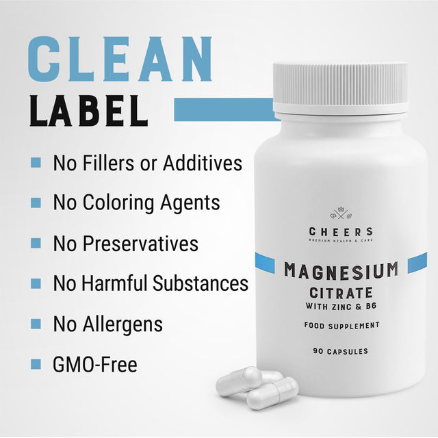 Cheers Magnesium Citrate | 90 Vegan Capsules | Gluten-Free Magnesium Citrate with Zinc & Vitamin B6 | High Dose 320 Mg | Easily Absorbable Mineral Supplement