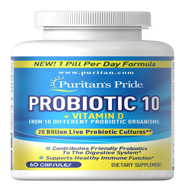 Puritans Pride Rapid Release Probiotic 10 Capsules with 1000 UI Vitamin D, 60 Count