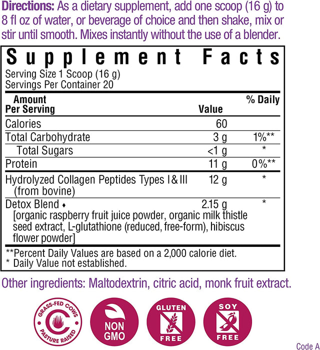 Bluebonnet Nutrition Collagen Refreshers Detox Powder, Keto and Paleo, Cleanse Support*, Soy-Free, Gluten-Free, Non-Gmo, Grass-Fed Cows, Pasture Raised, 11.29 Oz, 20 Servings, Hibiscus Berry Flavor