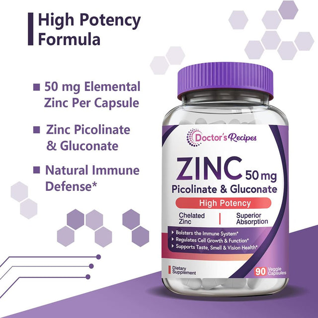 Doctor S Recipes Zinc Capsules 50 Mg from Highly Absorbable Zinc Picolinate & Gluconate, Supports Natural Immune Defense, DNA & Protein Formation, Cell Growth, Non-Gmo No Dairy 90 Veggie Caps