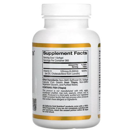 Vitamin D3, 5,000IU, Cholecalciferol from Lanolin, 125 Mcg, 360 Fish Gelatin Softgels