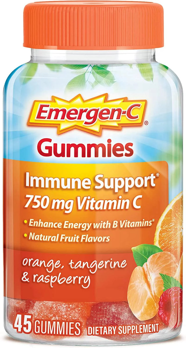 Emergen-C 750Mg Vitamin C Gummies for Adults, Immunity Gummies with B Vitamins, Gluten Free, Orange, Tangerine and Raspberry Flavors - 45 Counts