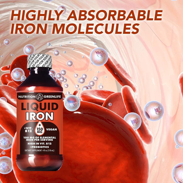 Liquid Iron Highest Concentration 150Mg Vegan + Vitamin B12, Folic Acid Supplement 4 Fl Oz (23 Servings)