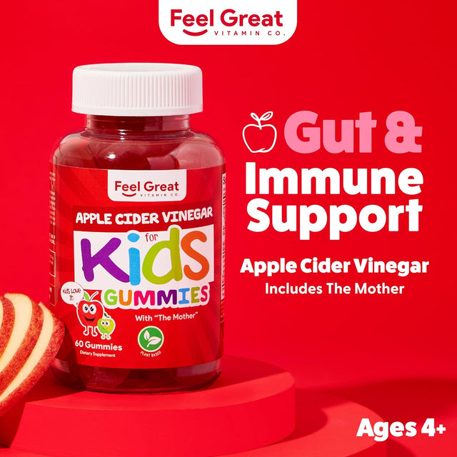 Feel Great Apple Cider Vinegar Gummies for Kids | Rich in Digestive Enzymes & Natural Antioxidants for Gut Health | Vegan Gummy Supports Healthy Nutrient Absorption | 60 Day Supply