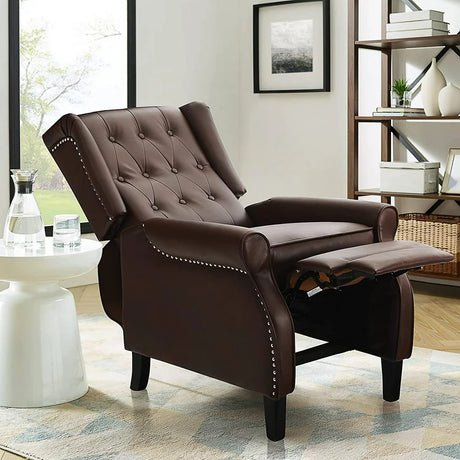 MERITLIFE Leather Push Back Recliner Chairs with Thick Seat, Nailhead Accents, Button-Meritlife Tufted Leather Wing Recliner, Easy Assembly (Brown)