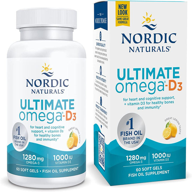 Nordic Naturals Ultimate Omega-D3, Lemon Flavor - 60 Soft Gels - 1280 Mg Omega-3 + 1000 IU Vitamin D3 - Omega-3 Fish Oil - EPA & DHA - Promotes Brain, Heart, Joint, & Immune Health - 30 Servings