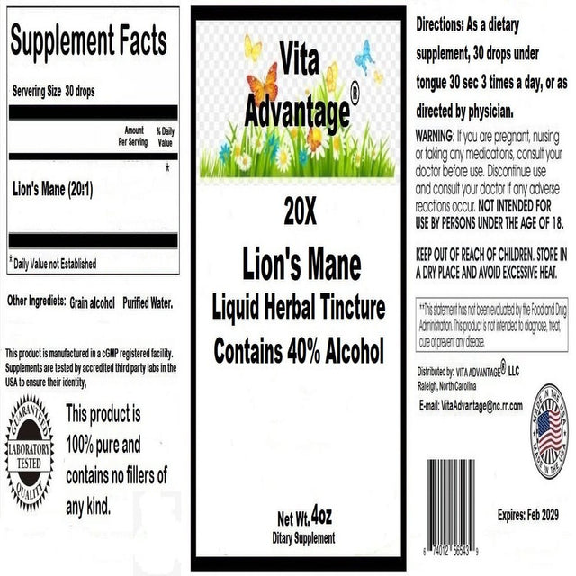 Vita Advantage LION'S MANE Extract Brain Cell Mood Nootropic NGF Skin ORGANIC FOLK TINCTURE 4Oz