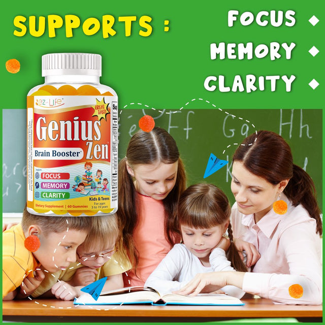 Genius Zen Brain Booster Supplement for Kids & Teens, Omega 3 Gummy Vitamins Brain Focus Vitamins, Concentration, Memory, Attention 60 Gummies