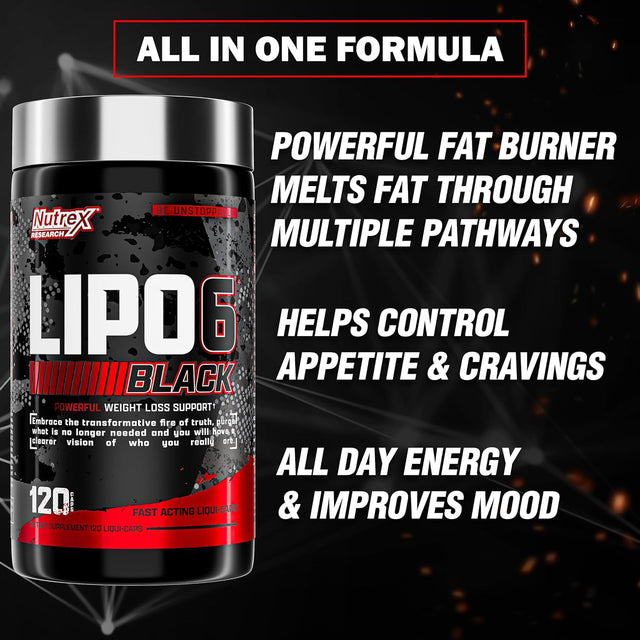 Lipo-6 Black Max Strength Fat Burner - Fast Acting Energy, Weight Loss Diet Pills – Research Backed Ingredients – Appetite Suppressant, Metabolism Booster for Weight Loss, 120 Capsules