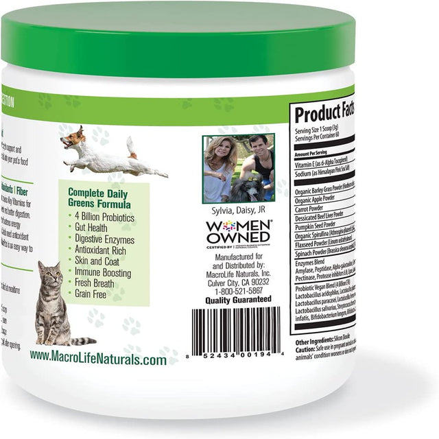 Macrolife Naturals Macropets Supplement Greens Superfood Topper Dog, Cat, Small Mammal - Natural Nutrition Boost Probiotics, Digestive Enzymes, Vitamin E - Healthy Immune, Gut Flora & Energy - 6.35Oz