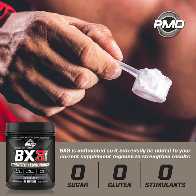 PMD Sports BX3 Ultra Muscle-Building Powder – Beta-Alanine, Bcaas, Betaine Anhydrous – Boost Endurance and Stamina, Increase Strength, Pumps, Build Lean Mass, Enhance Recovery– Unflavored–30 Servings