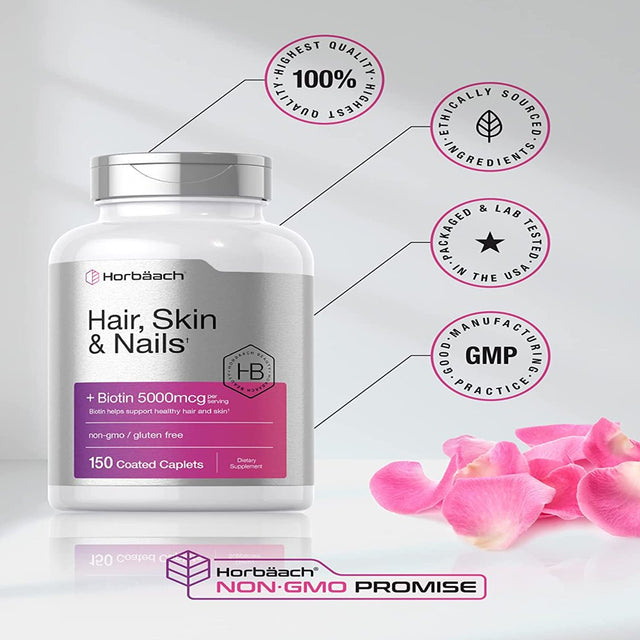 Hair Skin and Nails Vitamins | 150 Caplets | with Biotin and Collagen | by Horbaach