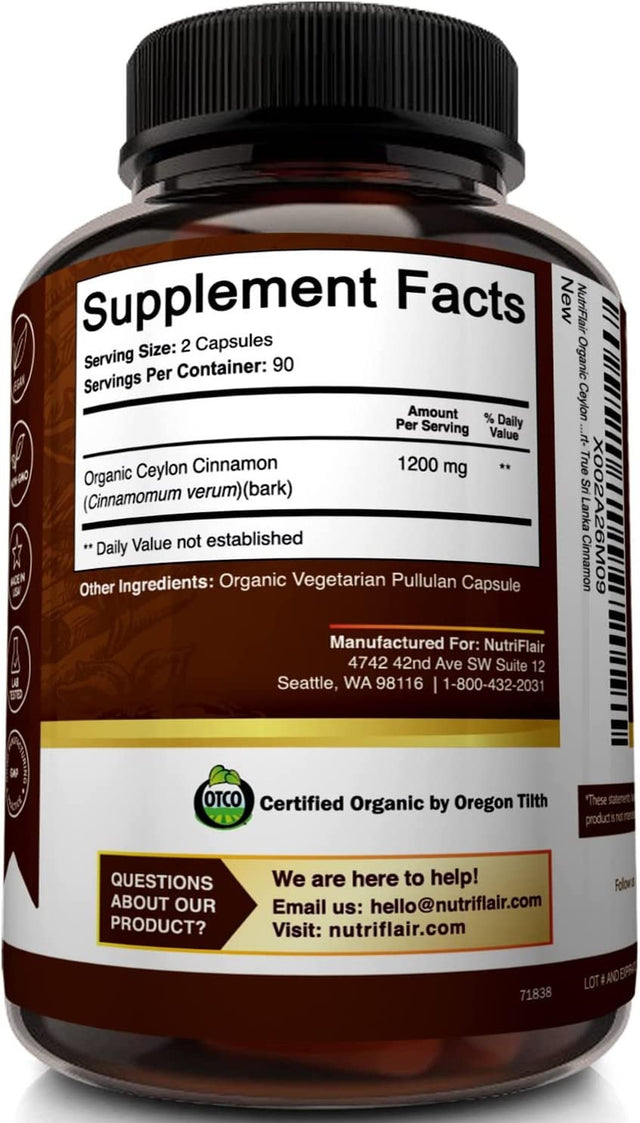 Nutriflair Organic Ceylon Cinnamon Supplement 1200Mg, 180 Capsules - USDA Certified Organic Cinnamon - Non-Gmo, Gluten Free Cinnamon Powder, Antioxidant Cinnamon Pills - Supports Glucose Metabolism