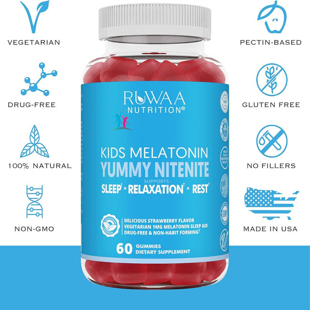 Kids Melatonin Gummies, Kids Sleep Gummies, Ages 4+, Safe, Drug-Free & Effective Natural Sleep Aid Childrens Melatonin 1Mg, Strawberry, 60 Gummies - Ruwaa Nutrition Yummy Nitenite