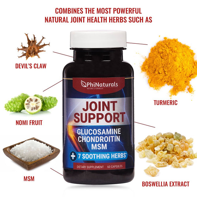 Phi Naturals Joint Support Supplement with Glucosamine, Chondroitin, MSM, Devil'S Claw, Turmeric, Boswellia Capsules