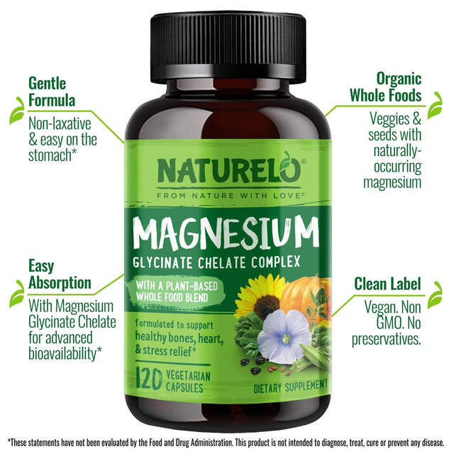 NATURELO Magnesium Glycinate Chelate Complex - 200 Mg Magnesium with Organic Vegetables to Support Sleep, Calm, Mcle Cramp & Stress Relief – Gluten Free, Non GMO - 120 Capsules