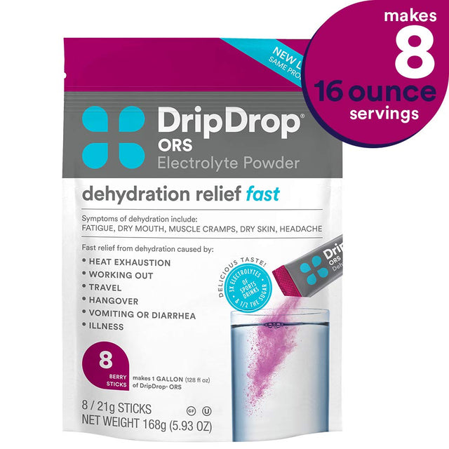 Dripdrop ORS - BIG Sticks - Patented Electrolyte Powder for Dehydration Relief Fast - for Workout, Sweating, Heat, & Travel Recovery - Berry - 8 X 16Oz Servings