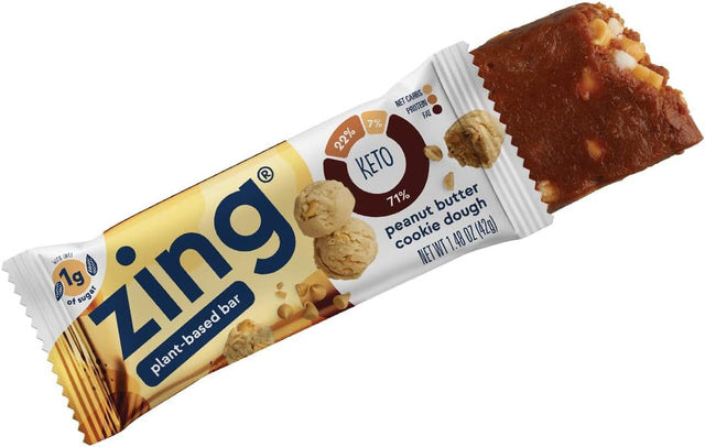 Zing Bars Plant Based Low Carb Keto Protein Bar, Creamy Peanut Butter Cookie Dough Nutrition Bar, 9G Protein, 3G Net Carbs, 1G Sugar, 10G Fiber, Vegan, Gluten Free, Soy Free, Non GMO, 12 Count