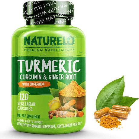 NATURELO Turmeric Curcumin - Bioperine for Better Absorption - Curcuminoids, Black Pepper, Ginger Powder - Plant-Based Joint Support - 120 Vegan Capsules