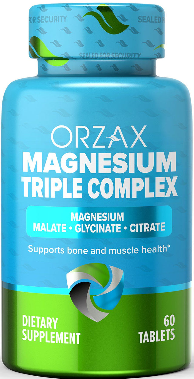 ORZAX Magnesium Complex, High Absorption, 200 Mg Triple Mag Glycinate, Malate & Citrate, Gluten & Dairy Free, 60 Tablets