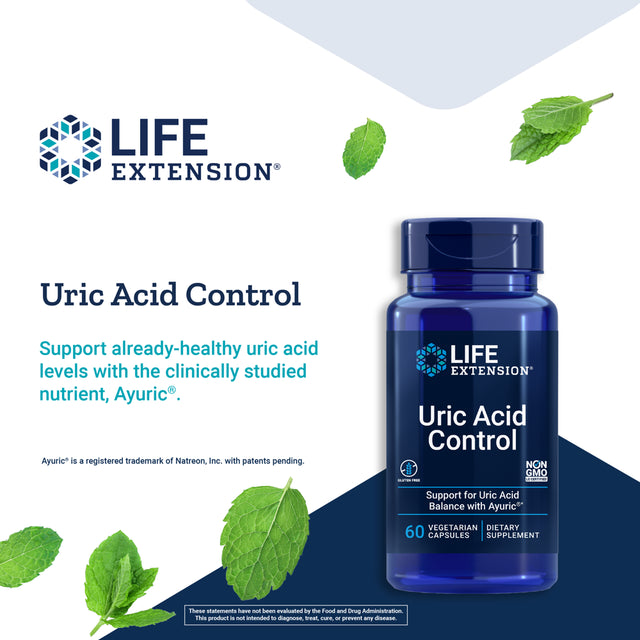 Life Extension Uric Acid Control - Ayuric Terminalia Bellerica Fruit Extract Supplement - Support Healthy Uric Acid Level - Non-Gmo, Gluten Free - 60 Vegetarian Capsules