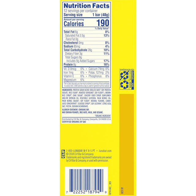 LUNA Bar - Lemonzest Flavor - Gluten-Free - Non-Gmo - 7-9G Protein - Made with Organic Oats - Low Glycemic - Whole Nutrition Snack Bars - 1.69 Oz. (12 Pack)