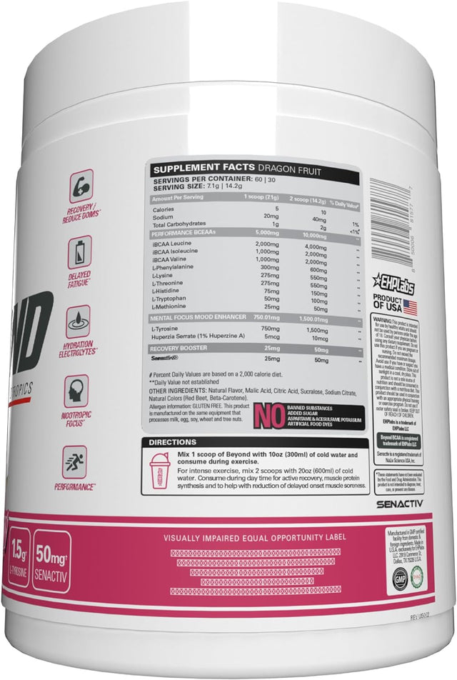 Ehplabs beyond BCAA Powder Amino Acids Supplement for Muscle Recovery - 8G of Sugar Free Bcaas Amino Acids Post Workout Recovery Powder & 10G of EAA Amino Acids Powder - 60 Servings (Dragon Fruit)