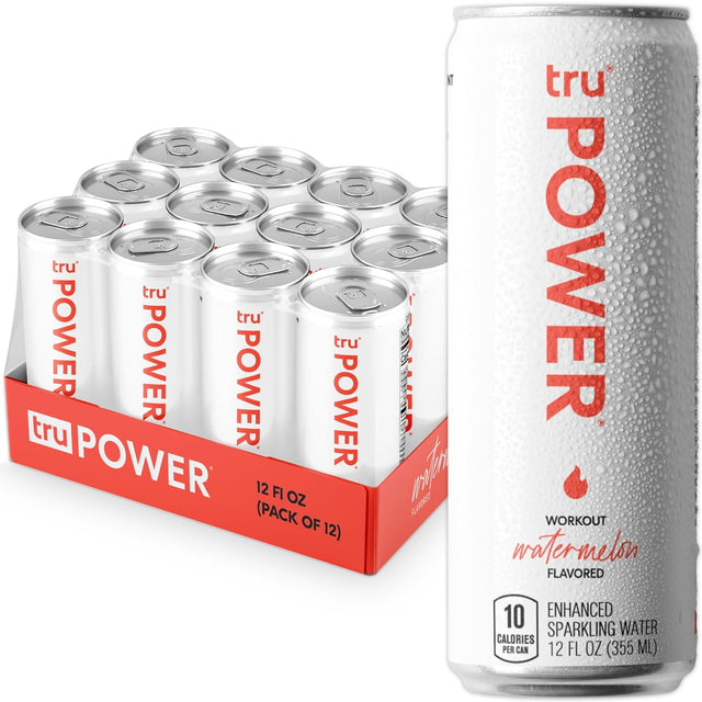 Tru Power Seltzer, Watermelon Flavored Sparkling Water Made with Real Fruit Juice - Pre Workout Drink plus Amino Acids - Natural Caffeine, Kosher, GF, No Added Sugar Beverages, 12Oz (Pack of 12)