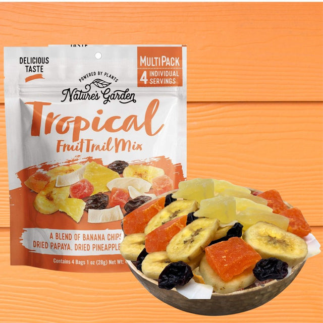 JSC Nature'S Garden Tropical Fruit Trail Mix Multipack 4Pcs-1 Ounce per Bag Dried Fruit Nutritious Healthy Snack Energy Boost Protein Fiber Vitamin Great On-The-Go Snack Camping Hiking Travel Bag of 3