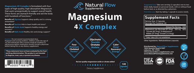 Natural Flow Supplements 4X Magnesium Glycinate, Taurate, Malate, Orotate Complex for Calm Sleep, 120 Caps