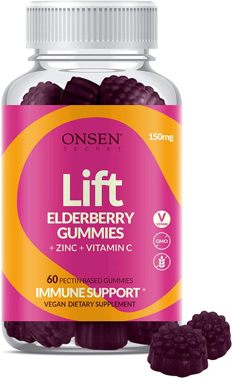 Onsen Lift Elderberry Gummies 150Mg - Complete Elderberry Immune Support with Vitamin C & Zinc, Daily Immunity Boost with Antioxidants, Plant-Based No Gelatin for Easier Absorption, 60 Gummies