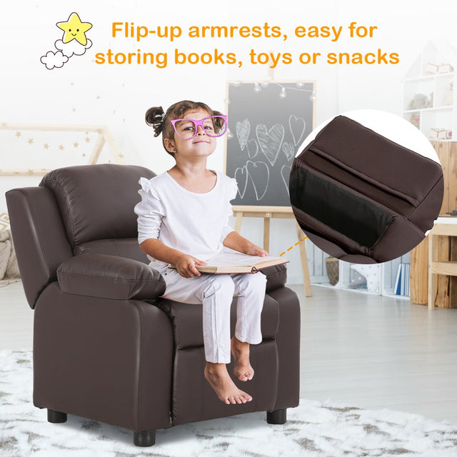 Deluxe Padded Kids Sofa Armchair Recliner Headrest Children W/ Storage Arm Brown