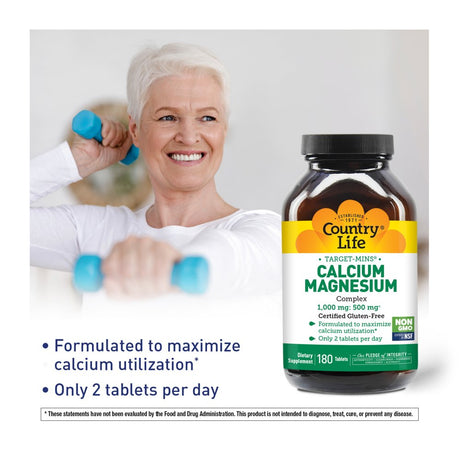 Country Life Target-Mins Calcium-Magnesium Complex, 1,000 Mg, 180 Tablets (500 Mg per Tablet)